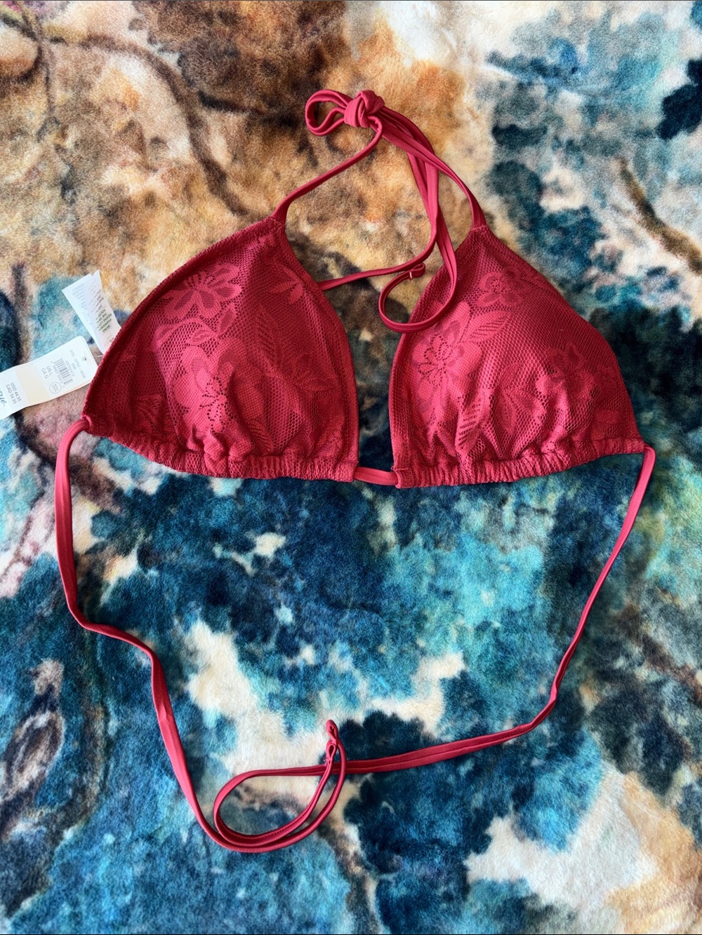 Nwt aerie Red Lace Triangle Bandeau Bikini Top wine color. Large